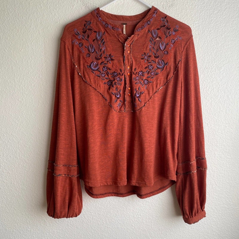 Free People Rust Red Long Sleeve Embroidered Boho Top